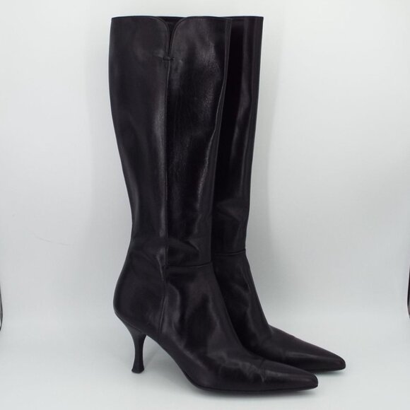 Stuart Weitzman Bonjour Black Calf Leather Pointed Toe Heeled Boots Size 7 - Picture 1 of 15